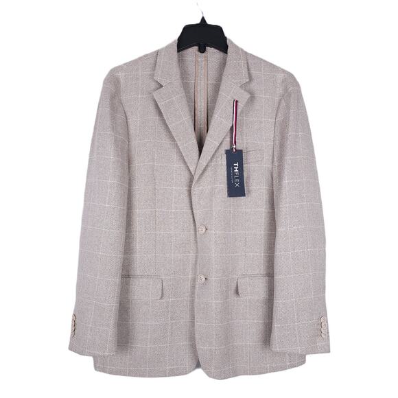 Tommy Hilfiger Men's Modern-Fit Stretch Sport Coat Tan Cream Windowpane 42S NWT - Picture 1 of 7